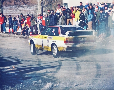 Walter Röhrl - Christian Geistdörfer
52º Rallye Automobile de Monte-Carlo 1984. Audi Quattro A2 (IN-NX 47). Clasificado 1º.

Del 21 al 27 de Enero, Monte-Carlo.
Superficie: asfalto - nieve.

El Rally tenia un total de 3328.90 km de los que 753.20 km divididos en 30 tramos eran especiales, (4 de ellas fueron cancxeladas SS3 St Jean en Royans de 39 Km, SS11 Les Savoyons - Sigoyer de 32 Km, SS12 Pont sur Barrage du Sautet de 18,40 Km, SS13 Chateau d'Ancelle - La Batie Neuve de 11,20 Km).

Se inscribieron 222 equipos, tomaron la salida 209, finalizaron 120.@
Palabras clave: Audi;Grupo_B;Montecarlo;1984