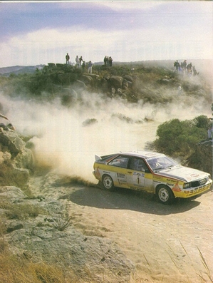 Stig Blomqvist - Björn Cederberg
4º Marlboro Rally de Argentina YPF Cordoba 1984. Audi Quattro A2. Clasificado 1º.
El Rally tenia un total de 2,619.00 Km de los que 948.58 Km divididos en 24 tramos, eran especiales, (uno de elos fue cancelado, SS24).
Se inscribieron 105 equipos, tomaron la salida 105, finalizaron 21.@


Palabras clave: Stig_Blomqvist;Argentina;Audi;Quattro;Grupo_B;1984