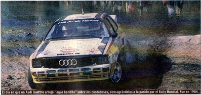 Stig Blomqvist - Björn Cederberg
4º Marlboro Rally de Argentina YPF Cordoba 1984. Audi Quattro A2. Clasificado 1º.

Del 27 de Julio al 1 de Agosto, Buenos Aires - Cordoba, Argentina.
Superficie: tierra.

El Rally tenia un total de 2619.00 Km de los que 948.58 Km divididos en 24 tramos eran especiales (uno de elos fue cancelado SS24).

Se inscribieron 105 equipos, tomaron la salida 105, finalizaron 21.@

Palabras clave: Stig_Blomqvist;Argentina;Audi;Quattro;Grupo_B;1984