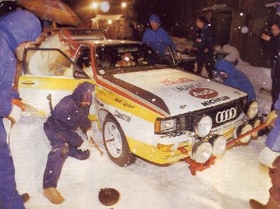 Asistencia de Equipo Audi Sport en el 52º Rallye Automobile de Monte-Carlo 1984
En el Audi Quattro A2 (IN-NX 47) de Walter Röhrl - Christian Geistdörfer, Clasificado 1º.

Del 21 al 27 de Enero, Monte-Carlo.
Superficie: asfalto - nieve.

El Rally tenia un total de 3328.90 km de los que 753.20 km divididos en 30 tramos eran especiales, (4 de ellas fueron cancxeladas SS3 St Jean en Royans de 39 Km, SS11 Les Savoyons - Sigoyer de 32 Km, SS12 Pont sur Barrage du Sautet de 18,40 Km, SS13 Chateau d'Ancelle - La Batie Neuve de 11,20 Km).

Se inscribieron 222 equipos, tomaron la salida 209, finalizaron 120.@
Palabras clave: Walter_Röhrl;Christian_Geistdorfer;Audi;Quattro;Grupo_B;Montecarlo;1984;Asistencias