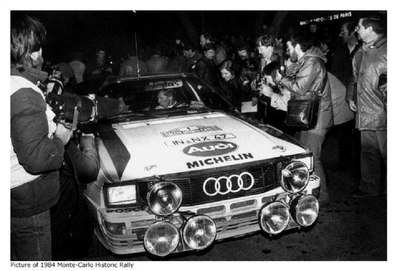 Walter Röhrl - Christian Geistdörfer
52º Rallye Automobile de Monte-Carlo 1984. Audi Quattro A2 (IN-NX 47). Clasificado 1º.

Del 21 al 27 de Enero, Monte-Carlo.
Superficie: asfalto - nieve.

El Rally tenia un total de 3328.90 km de los que 753.20 km divididos en 30 tramos eran especiales, (4 de ellas fueron cancxeladas SS3 St Jean en Royans de 39 Km, SS11 Les Savoyons - Sigoyer de 32 Km, SS12 Pont sur Barrage du Sautet de 18,40 Km, SS13 Chateau d'Ancelle - La Batie Neuve de 11,20 Km).

Se inscribieron 222 equipos, tomaron la salida 209, finalizaron 120.@
Palabras clave: Walter_Röhrl;Audi;Quattro;Grupo_B;Montecarlo;1984;Personajes