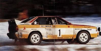 Walter Röhrl - Christian Geistdörfer
52º Rallye Automobile de Monte-Carlo 1984. Audi Quattro A2 (IN-NX 47). Clasificado 1º.

Del 21 al 27 de Enero, Monte-Carlo.
Superficie: asfalto - nieve.

El Rally tenia un total de 3328.90 km de los que 753.20 km divididos en 30 tramos eran especiales, (4 de ellas fueron cancxeladas SS3 St Jean en Royans de 39 Km, SS11 Les Savoyons - Sigoyer de 32 Km, SS12 Pont sur Barrage du Sautet de 18,40 Km, SS13 Chateau d'Ancelle - La Batie Neuve de 11,20 Km).

Se inscribieron 222 equipos, tomaron la salida 209, finalizaron 120.@
Palabras clave: Walter_Röhrl;Audi;Quattro;Grupo_B;Montecarlo;1984