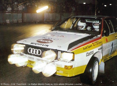 Walter Röhrl - Christian Geistdörfer
52º Rallye Automobile de Monte-Carlo 1984. Audi Quattro A2 (IN-NX 47). Clasificado 1º.

Del 21 al 27 de Enero, Monte-Carlo.
Superficie: asfalto - nieve.

El Rally tenia un total de 3328.90 km de los que 753.20 km divididos en 30 tramos eran especiales, (4 de ellas fueron cancxeladas SS3 St Jean en Royans de 39 Km, SS11 Les Savoyons - Sigoyer de 32 Km, SS12 Pont sur Barrage du Sautet de 18,40 Km, SS13 Chateau d'Ancelle - La Batie Neuve de 11,20 Km).

Se inscribieron 222 equipos, tomaron la salida 209, finalizaron 120.@
Palabras clave: Walter_Röhrl;Audi;Quattro;Grupo_B;Montecarlo;1984