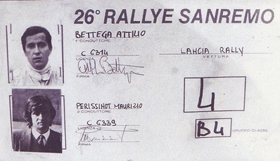 Attilio Bettega - Maurizio Perissinot
26º Rally San Remo 1984. Lancia Rally 037 (TO W67775). Clasificado 2º.

Del 30 de Septiembre al 5 de Octubre, Sanremo, Liguria, Imperia, Italia.
Superficie: asfalto -tierra.

El Rally tenia un total de 2546.29 km de los que 807.69 km divididos en 56 tramos eran especiales, (2 de ellas fueron canceladas SS7 Sante Luce de 12,30 km y SS26 Chiusdino 2 de 17,41 Km).

Se inscribieron 104 equipos, tomaron la salida 100, finalizaron 35.@
Palabras clave: ;Rally;Grupo_B;Lancia;Sanremo;1984;detalles;Personajes