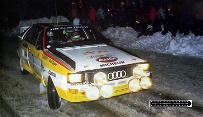 Stig Blomqvist - Björn Cederberg
52º Rallye Automobile de Monte-Carlo 1984. Audi Quattro A2 (IN-NR 64). Clasificado 2º.

Del 21 al 27 de Enero, Monte-Carlo.
Superficie: asfalto - nieve.

El Rally tenia un total de 3328.90 km de los que 753.20 km divididos en 30 tramos eran especiales, (4 de ellas fueron cancxeladas SS3 St Jean en Royans de 39 Km, SS11 Les Savoyons - Sigoyer de 32 Km, SS12 Pont sur Barrage du Sautet de 18,40 Km, SS13 Chateau d'Ancelle - La Batie Neuve de 11,20 Km).

Se inscribieron 222 equipos, tomaron la salida 209, finalizaron 120.@
Palabras clave: Stig_Blomqvist;Audi;Quattro;Montecarlo;1984;nieve;Grupo_B