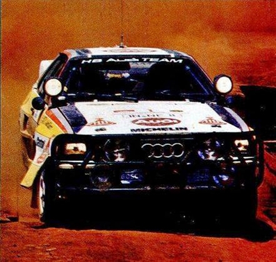 Hannu Mikkola - Arne Hertz
32º Marlboro Safari Rally 1984. Audi Quattro A2 (IN-NE 8). Clasificado 3º.

Del 19 al 23 de Abril, Nairobi, Kenya, África.
Superficie: tierra.

El Rally tenia 5.254 km con 105 controles horarios.

Tomaron la salida 76 equipos, finalizaron 25.@
Palabras clave: ;Audi_Quattro;Grupo_B;Safari;1984