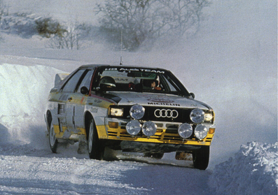 Hannu Mikkola - Arne Hertz
52º Rallye Automobile de Monte-Carlo 1984. Audi Quattro A2 (IN-NV 83). Clasificado 3º.

Del 21 al 27 de Enero, Monte-Carlo.
Superficie: asfalto - nieve.

El Rally tenia un total de 3328.90 km de los que 753.20 km divididos en 30 tramos eran especiales, (4 de ellas fueron cancxeladas SS3 St Jean en Royans de 39 Km, SS11 Les Savoyons - Sigoyer de 32 Km, SS12 Pont sur Barrage du Sautet de 18,40 Km, SS13 Chateau d'Ancelle - La Batie Neuve de 11,20 Km).

Se inscribieron 222 equipos, tomaron la salida 209, finalizaron 120.@
Palabras clave: Audi;Montecarlo;Grupo_B;Quattro;nieve;1984
