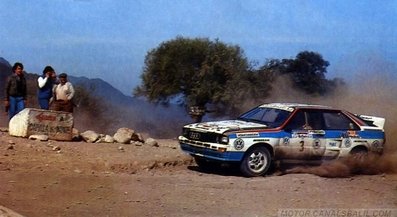 Jorge Recalde - Jorge del Buono
4º Marlboro Rally de Argentina YPF Cordoba 1984. Audi Quattro A2. Clasificado 3.

Del 27 de Julio al 1 de Agosto, Buenos Aires - Cordoba, Argentina.
Superficie: tierra.

El Rally tenia un total de 2619.00 Km de los que 948.58 Km divididos en 24 tramos eran especiales (uno de elos fue cancelado SS24).

Se inscribieron 105 equipos, tomaron la salida 105, finalizaron 21.@
Palabras clave: Jorge_Recalde;Jorge_del_Buono;Argentina;Audi;Quattro;Grupo_B;1984