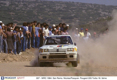 Jean-Pierre Nicolas - Charley Pasquier
26º Rallye San Remo 1984. Peugeot 205 Turbo 16 (123 FBL 75). Clasificado 5º.

Del 30 de Septiembre al 5 de Octubre, Sanremo, Liguria, Imperia, Italia.
Superficie: asfalto -tierra.

El Rally tenia un total de 2546.29 km de los que 807.69 km divididos en 56 tramos eran especiales, (2 de ellas fueron canceladas SS7 Sante Luce de 12,30 km y SS26 Chiusdino 2 de 17,41 Km).

Se inscribieron 104 equipos, tomaron la salida 100, finalizaron 35.@
Palabras clave: ;Peugeot;Turbo;Grupo_B;Sanremo;1984