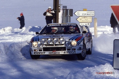 Markku Alén - Ilkka Kivimäki
52º Rallye Automobile de Monte-Carlo 1984. Lancia Rally 037 (TO W67785). Clasificado 8º.

Del 21 al 27 de Enero, Monte-Carlo.
Superficie: asfalto - nieve.

El Rally tenia un total de 3328.90 km de los que 753.20 km divididos en 30 tramos eran especiales, (4 de ellas fueron canceladas SS3 St Jean en Royans de 39 Km, SS11 Les Savoyons - Sigoyer de 32 Km, SS12 Pont sur Barrage du Sautet de 18,40 Km, SS13 Chateau d'Ancelle - La Batie Neuve de 11,20 Km).

Se inscribieron 222 equipos, tomaron la salida 209, finalizaron 120.@
Palabras clave: Markku_Alen;Lancia;Grupo_B;Montecarlo;1984;nieve