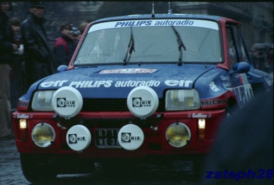 Bruno Saby - Jean-Marc Andrié
52º Rallye Automobile de Monte-Carlo 1984. Renault 5 Turbo (6711 WE 38). Abandonó por accidente quedando clasificado el 83º.

Del 21 al 27 de Enero, Monte-Carlo.
Superficie: asfalto - nieve.

El Rally tenia un total de 3328.90 km de los que 753.20 km divididos en 30 tramos eran especiales, (4 de ellas fueron cancxeladas SS3 St Jean en Royans de 39 Km, SS11 Les Savoyons - Sigoyer de 32 Km, SS12 Pont sur Barrage du Sautet de 18,40 Km, SS13 Chateau d'Ancelle - La Batie Neuve de 11,20 Km).

Se inscribieron 222 equipos, tomaron la salida 209, finalizaron 120.@
Palabras clave: ;Renault;Turbo;Grupo_B;Montecarlo;1984