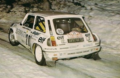 Dany Snobeck - Denise Emmanuelli
52º Rallye Automobile de Monte-Carlo 1984. Renault 5 Turbo Tour de Corse (3892 QD 58). Abandonó por accidente quedando clasificado 84º.

Del 21 al 27 de Enero, Monte-Carlo.
Superficie: asfalto - nieve.

El Rally tenia un total de 3328.90 km de los que 753.20 km divididos en 30 tramos eran especiales, (4 de ellas fueron canceladas SS3 St Jean en Royans de 39 Km, SS11 Les Savoyons - Sigoyer de 32 Km, SS12 Pont sur Barrage du Sautet de 18,40 Km, SS13 Chateau d'Ancelle - La Batie Neuve de 11,20 Km).

Se inscribieron 222 equipos, tomaron la salida 209, finalizaron 120.@
Palabras clave: Dany_Snobeck;Denise_Emmanuelli;Renault;Grupo_B;Montecarlo;1984;nieve