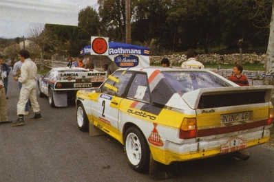 Walter Röhrl - Christian Geistdörfer
28º Tour de Corse - Rallye de France 1984. Audi Sport Quattro S1 (IN-NC 46). Abandonó por motor en SS8 Muracciole - Abbazia de 50.50 km.

Delante podemos ver el Lancia Rally 037 (TO W67783) de Attilio Bettega - Sergio Cresto, clasificado 7º.

Del 3 al 5 de Mayo, Ajaccio, Córcega, Francia.
Superficie: asfalto.

El Rally tenia un total de 1618 km de los que 1130.9 km divididos en 30 tramos eran especiales.

Se inscribieron 158 equipos, tomaron la salida 155, finalizaron 57.

© Morelli-Bertier
@@
Palabras clave: Walter_Röhrl;Audi;Quattro;Sport;Lancia;Rally;Sergio_Cresto;Corcega;Grupo_B;1984;Corse