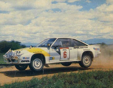 Guy Fréquelin - Bruno Berglund
32º Marlboro Safari Rally 1984. Opel Manta 400 (GG-CT 310). Abandonó por motor en CH63.

Del 19 al 23 de Abril, Nairobi, Kenya, África.
Superficie: tierra.

El Rally tenia 5254 km con 105 controles horarios.

Tomaron la salida 76 equipos, finalizaron 25.@
Palabras clave: ;Opel;Manta;Grupo_B;Safari;1984;