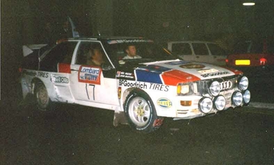 John Buffum - Neil Wilson
33º Lombard RAC Rally 1984. Audi Quattro A2 (WMN 44). Abandonó por accidente en SS40 Morgannwg 2 de 45.94 km.

Del 25 al 29 de Noviembre, Chester, Cheshire, Inglaterra, Reino Unido.
Superficie: tierra.

El Rally tenia un total de 3232.00 km de los que 868.54 km divididos en 56 tramos eran especiales.

Se inscribieron 124 equipos, tomaron la salida 119, finalizaron 52.@
Palabras clave: ;Audi;Quattro;Grupo_B;RAC_Rally;Gran_Bretaña;1984;Inglaterra