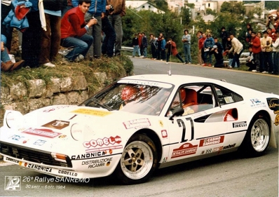 Rossano Chiossi - Chiossi
26º Rallye Sanremo 1984. Ferrari 308 GTB. Abandonó.

Del 30 de Septiembre al 5 de Octubre, Sanremo, Liguria, Imperia, Italia.
Superficie: asfalto -tierra.

El Rally tenia un total de 2546.29 km de los que 807.69 km divididos en 56 tramos eran especiales, (2 de ellas fueron canceladas SS7 Sante Luce de 12,30 km y SS26 Chiusdino 2 de 17,41 Km).

Se inscribieron 104 equipos, tomaron la salida 100, finalizaron 35.@
Palabras clave: Ferrari;GTB;Grupo_B;Sanremo;1984