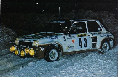 Daniel Dumond - Brustel
52º Rallye Automobile de Monte-Carlo 1984. Renault 5 Turbo. Abandonó por la transmisión en SS15 Col des Garcinets de 22.70 Km.

Del 21 al 27 de Enero, Monte-Carlo.
Superficie: asfalto - nieve.

El Rally tenia un total de 3499 km de los que 722 km divididos en 30 tramos, eran especiales (4 de ellas fueron canceladas SS3 St Jean en Royans de 39 Km, SS11 Les Savoyons - Sigoyer de 32 Km, SS12 Pont sur Barrage du Sautet de 18,40 Km, SS13 Chateau d'Ancelle - La Batie Neuve de 11,20 Km).

Se inscribieron 222 equipos, tomaron la salida 209, finalizaron 120.@
Palabras clave: Renault;Grupo_B;Montecarlo;1984;nieve
