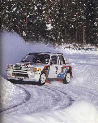 Ari Vatanen - Terry Harryman
35º Internacional Suecia Rally 1985. Peugeot 205 Turbo 16 (716 EXC 75). Clasificado 1º.

Del 15 al 17 de Febrero, Karlstad, Suecia.
Superficie: nieve - hielo.

El Rally tenía un total de 1642.00 km de los que 513.68 km divididos en 29 tramos eran especiales.

Tomaron la salida 115, finalizaron 56.@
Palabras clave: ;Suecia;Grupo_B;Peugeot;Turbo;1985;nieve