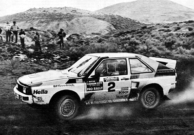John Buffum - Tom Grimshaw
Carson City International Rally 1985. Audi Sport Quattro S1. Clasificado 1º.

Del 6 al 8 de Diciembre, Carson City, Nevada, EE.UU.

El Rally constaba de 3 etapas con 317.14 km cronometrados divididos en 17 tramos especiales.

Tomaron la salida 30 equipos, finalizaron 21.@
Palabras clave: ;Audi;Sport;Quattro;Grupo_B;1985;Carson_City