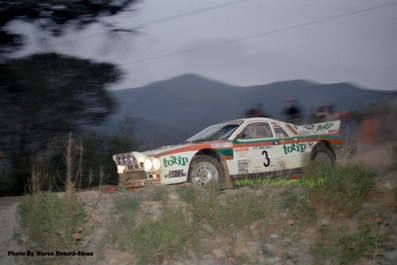 Dario Cerrato - Giuseppe Cerri
17º Rallye dell'Isola d'Elba 1985. Lancia Rally 037 (TO 30683D). Clasificado 1º.

Del 23 al 25 de Mayo, Portoferrario, Livorno, Italia.
Superficie: tierra.

El Rally constaba de 33 tramos cronometrados.
Desconocemos los kilómetros tanto totales como cronometrados.

Tomaron la salida 65 equipos, finalizaron 25.

© Marco Donato-Siena
@
Palabras clave: ;Lancia;Rally;Grupo_B;Elba;1985