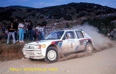 Timo Salonen - Seppo Harjanne
32º Rothmans Acropolis Rally 1985. Peugeot 205 Turbo 16 (25 FGV 75). Clasificado 1º.

Del 27 al 30 de Mayo, Atenas, Grecia.
Superficie: tierra.

El Rally tenía un total de 2295.94 km de los que 807.67 km divididos en 47 tramos eran especiales.

Tomaron la salida 110 equipos, finalizaron 45.@
Palabras clave: Timo_Salonen;Peugeot;Turbo;Grecia;Acropolis;1985;Grupo_B