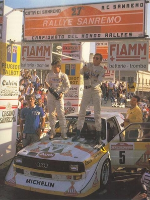 Walter Röhrl - Christian Geistdörfer
27º Rally Sanremo 1985. Audi Sport Quattro S1 E2 (IN-NM 7). Clasificado 1º.

Del 29 de Septiembre al 4 de Octubre, Sanremo, Liguria, Imperia, Italia.
Superficie: asfalto - tierra.

El Rally tenia un total de 2340.56 km, de los que 696.90 km divididos en 45 tramos eran especiales (2 de ellos fueron cancelados SS20 Murio 1 de 9.12 km, SS36 Ronde 1 de 37.22 km).

Tomaron la salida 98 equipos, finalizaron 33.@
Palabras clave: Walter_Röhrl;Audi;Quattro;Sport;Grupo_B;Sanremo;1985;Personajes