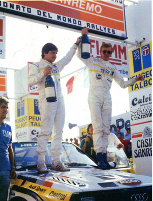 Walter Röhrl - Christian Geistdörfer
27º Rally Sanremo 1985. Audi Sport Quattro S1 E2 (IN-NM 7). Clasificado 1º.

Del 29 de Septiembre al 4 de Octubre, Sanremo, Liguria, Imperia, Italia.
Superficie: asfalto - tierra.

El Rally tenia un total de 2340.56 km, de los que 696.90 km divididos en 45 tramos eran especiales (2 de ellos fueron cancelados SS20 Murio 1 de 9.12 km, SS36 Ronde 1 de 37.22 km).

Tomaron la salida 98 equipos, finalizaron 33.@
Palabras clave: Walter_Röhrl;Audi;Quattro;Sport;Grupo_B;Sanremo;1985;Personajes