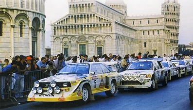 27º Rally Sanremo 1985
En la foto los 4 primeros clasificados

1º- 5# Walter Röhrl - Christian Geistdörfer, Audi Sport Quattro S1 E2 (IN-NM 7)

2º- 3# Timo Salonen - Seppo Harjanne, Peugeot 205 Turbo 16 E2 (704 EXC 75)

3º- 1# Henri Toivonen - Juha Piironen, Lancia Rally 037 (TO 09010D)

4º- 6# Markku Alén - Ilkka Kivimaki, Lancia Rally 037 (TO Y67908)

Del 29 de Septiembre al 4 de Octubre, Sanremo, Liguria, Imperia, Italia.
Superficie: asfalto - tierra.

El Rally tenia un total de 2340.56 km, de los que 696.90 km divididos en 45 tramos eran especiales (2 de ellos fueron cancelados SS20 Murio 1 de 9.12 km, SS36 Ronde 1 de 37.22 km).

Tomaron la salida 98 equipos, finalizaron 33.
@
Palabras clave: Walter_Röhrl;Sanremo;1985;Parque_Cerrado;Grupo_B