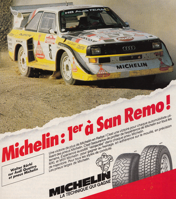 Walter Röhrl - Christian Geistdörfer
27º Rally Sanremo 1985. Audi Sport Quattro S1 E2 (IN-NM 7). Clasificado 1º.

Del 29 de Septiembre al 4 de Octubre, Sanremo, Liguria, Imperia, Italia.
Superficie: asfalto - tierra.

El Rally tenia un total de 2340.56 km, de los que 696.90 km divididos en 45 tramos eran especiales (2 de ellos fueron cancelados SS20 Murio 1 de 9.12 km, SS36 Ronde 1 de 37.22 km).

Tomaron la salida 98 equipos, finalizaron 33.@
Palabras clave: Walter_Röhrl;Audi;Sport;Quattro;Sanremo;1985;Grupo_B