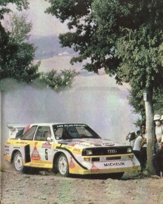 Walter Röhrl - Christian Geistdörfer
27º Rally Sanremo 1985. Audi Sport Quattro S1 E2 (IN-NM 7). Clasificado 1º.

Del 29 de Septiembre al 4 de Octubre, Sanremo, Liguria, Imperia, Italia.
Superficie: asfalto - tierra.

El Rally tenia un total de 2340.56 km, de los que 696.90 km divididos en 45 tramos eran especiales (2 de ellos fueron cancelados SS20 Murio 1 de 9.12 km, SS36 Ronde 1 de 37.22 km).

Tomaron la salida 98 equipos, finalizaron 33.@
Palabras clave: Walter_Röhrl;Audi;Quattro;Sport;Grupo_B;Sanremo;1985