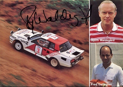 Björn Waldegård - Hans Thorszelius
33º Marlboro Safari Rally 1985. Toyota Celica TCT, (K-AM 4757). Clasificado 2º.

Del 4 al 8 de Abril, Nairobi, Kenya, África.
Superficie: tierra.

El Rally tenia un total de 5167.6 km con 88 controles horarios.

Tomaron la salida 71 equipos, finalizaron 20.@
Palabras clave: ;Toyota;Celica;TCT;Safari;Grupo_B;1985;Personajes