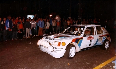 Timo Salonen - Seppo Harjanne
27º Rally Sanremo 1985. Peugeot 205 Turbo 16 E2 (704 EXC 75). Clasificado 2º.

Del 29 de Septiembre al 4 de Octubre, Sanremo, Liguria, Imperia, Italia.
Superficie: asfalto - tierra.

El Rally tenia un total de 2340.56 km, de los que 696.90 km divididos en 45 tramos eran especiales (2 de ellos fueron cancelados SS20 Murio 1 de 9.12 km, SS36 Ronde 1 de 37.22 km).

Tomaron la salida 98 equipos, finalizaron 33.@
Palabras clave: Timo_Salonen;Peugeot;Turbo;Grupo_B;Sanremo;1985