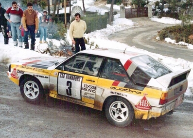 Walter Röhrl - Christian Geistdörfer
53º Rallye Automobile de Monte-Carlo 1985. Audi Sport Quattro S1 (IN-NL 8). Clasificado 2º.

Del 26 de Enero al 1 de Febrero, Monte-Carlo.
Superficie: asfalto -nieve.

El Rally tenía un total de 3999.00 km de los que 851.10 km divididos en 34 tramos eran especiales (1 de ellos fue cancelado SS17 ).

Tomaron la salida 117 equipos, finalizaron 68.@
Palabras clave: Walter_Röhrl;Audi;Sport;Quattro;Montecarlo;Grupo_B;1985