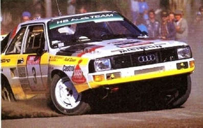Walter Röhrl - Christian Geistdörfer
15º Rally Nueva Zelanda 1985. Audi Sport Quattro S1 (ME1109). Clasificado 3º.

Del 29 de Junio al 2 de Julio, Auckland, Nueva Zelanda.
Superficie: tierra.

El Rally tenia un total de 2487.00 km de los que 935.50 km divididos en 48 tramos eran especiales, (2 de ellas fueron canceladas SS11 Ahuroa Puhoi Road de 12 Km y SS45 Bothwell Road de 25 Km).

Tomaron la salida 67 equipos, finalizaron 39.
Palabras clave: Walter_Röhrl;Audi;Nueva_Zelanda;1985;Grupo_B;Sport;Quattro