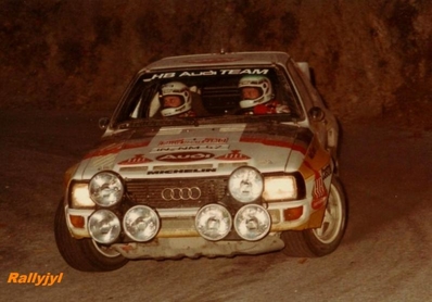 Stig Blomqvist - Bjorn Cederberg
53º Rallye Automobile de Monte-Carlo 1985. Audi Sport Quattro S1 (IN-NM 57). Clasificado 4º.

Del 26 de Enero al 1 de Febrero, Monte-Carlo.
Superficie: asfalto - nieve.

El Rally tenía un total de 3999 km de los que 852 km divididos en 34 tramos eran especiales (1 de ellos fue cancelado SS17).

Tomaron la salida 117 equipos, finalizaron 68.@
Palabras clave: Stig_Blomqvist;Audi;Quattro;Montecarlo;Sport;Grupo_B;1985