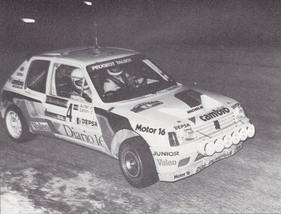 Antonio Zanini Sans - Josep Autet
33º Rally RACE-Costa Blanca1985. Peugeot 205 Turbo 16 (25 TC 34). Clasificado 6º.

Del 22 de Marzo al 24 de Marzo, Alicante.

Superficie: Asfalto con 410,00 km cronometrados.

Tomaron la salida 82 equipos, finalizaron 45.@
Palabras clave: Antonio_Zanini;Josep_Autet;Peugeot;Turbo;Race;1985;Grupo_B