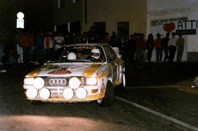 Werner Grissmann - Jörg Pattermann
27º Rally de Sanremo 1985. Audi Quattro A2 (IN-YA 34). Clasificado 8º.

Del 29 de Septiembre al 4 de Octubre, Sanremo, Liguria, Imperia, Italia.
Superficie: asfalto - tierra.

El Rally tenia un total de 2340.56 km, de los que 696.90 km divididos en 45 tramos eran especiales (2 de ellos fueron cancelados SS20 Murio 1 de 9.12 km, SS36 Ronde 1 de 37.22 km).

Tomaron la salida 98 equipos, finalizaron 33.@
Palabras clave: Audi_Quattro;Grupo_B;Sanremo;1985