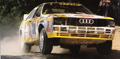 Werner Grissmann - Jörg Pattermann
27º Rally de Sanremo 1985. Audi Quattro A2 (IN-YA 34). Clasificado 8º.

Del 29 de Septiembre al 4 de Octubre, Sanremo, Liguria, Imperia, Italia.
Superficie: asfalto - tierra.

El Rally tenia un total de 2340.56 km, de los que 696.90 km divididos en 45 tramos eran especiales (2 de ellos fueron cancelados SS20 Murio 1 de 9.12 km, SS36 Ronde 1 de 37.22 km).

Tomaron la salida 98 equipos, finalizaron 33.@
Palabras clave: Audi_Quattro;Grupo_B;Sanremo;1985