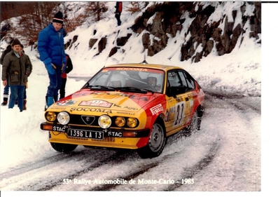 Jacques Panciatici - Françoise Sappey
53º Rallye Automobile de Monte-Carlo 1985. Alfa Romeo GTV6 (1396 LA 13). Clasificado 17º.

Del 26 de Enero al 1 de Febrero, Monte-Carlo.
Superficie: asfalto -nieve.

El Rally tenía un total de 3999.00 km de los que 851.10 km divididos en 34 tramos eran especiales (1 de ellos fue cancelado SS17).

Tomaron la salida 117 equipos, finalizaron 68.
Palabras clave: Alfa_Romeo;Montecarlo;1985;nieve