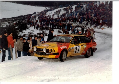 Jacques Panciatici - Françoise Sappey
53º Rallye Automobile de Monte-Carlo 1985. Alfa Romeo GTV6 (1396 LA 13). Clasificado 17º.

Del 26 de Enero al 1 de Febrero, Monte-Carlo.
Superficie: asfalto -nieve.

El Rally tenía un total de 3999.00 km de los que 851.10 km divididos en 34 tramos eran especiales (1 de ellos fue cancelado SS17).

Tomaron la salida 117 equipos, finalizaron 68.
Palabras clave: Alfa_Romeo;Montecarlo;1985;nieve