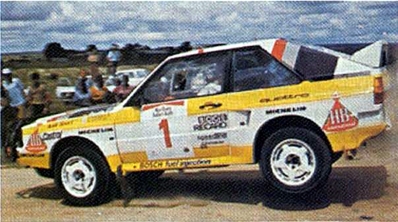 Hannu Mikkola - Arne Hertz
33º Safari Rally 1985. Audi Sport Quattro S1 (IN-NC 25). Abandonó por motor en CH20.

Del 4 al 8 de Abril, Nairobi, Kenya, África.
Superficie: tierra.

El Rally tenia un total de 5167.6 km con 88 controles horarios.

Tomaron la salida 71 equipos, finalizaron 20.@
Palabras clave: ;Audi;Sport;Grupo_B;Quattro;Safari;1985;