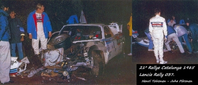 Henri Toivonen - Juha Piironen
21º Rallye Catalunya 1985. Lancia Rally 037. Abandonó por accidente en SS3 Estenalles.

El accidente se produjo pasados unos 200/300 metros la curva de la "Font de L'Olla" a muy pocos Km de la finalización del tramo de algo mas de 30 Km.

Fue el último Rallye en el que Juha Piironen se sentó al lado de Henri.
Según palabras del mismo Piironen en un comentario de ésta misma foto en nuestra página de Facebook MUNDO RALLY RETRO (GrupoB), nos dijo que Henri no sabía dosificar las carreras, añadiendo que éste fue un accidente muy feo, el mas fuerte de su carrera deportiva.

Del 25 al 28 de Octubre, Barcelona, Catalunya, España.
Superficie: asfalto.

El Rally tenia un total de 1359.14 km de los que 512.82 km divididos en 34 tramos eran especiales.

Tomaron la salida 67 equipos, finalizaron 38.
@
Palabras clave: Henri_Toivonen;Lancia;Grupo_B;Rally;Catalunya;1985;Personajes;Crash;Spain;España