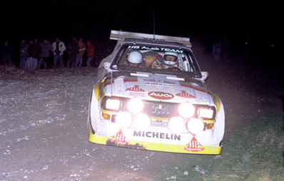 Hannu Mikkola - Arne Hertz
34º Lombard RAC Rally 1985. Audi Sport Quattro S1 E2 (IN-NP 31). Abandonó por problemas de motor SS22 Cwmcelli de 6,60 Km.

Del 24 al 28 de Noviembre, Nottingham, Inglaterra.
Superficie: tierra.

El Rally tenia un total de 3507 km de los que 896.98 km divididos en 65 tramos eran especiales, (2 de ellas fueron canceladas, SS43 Kielder Forest - Ogre Hill de 12,02 Km y SS64 Nuss de 8,79 Km).

Tomaron la salida 155 equipos, finalizaron 62.@
Palabras clave: ;Audi;Quattro;Sport;Grupo_B;Gran_Bretaña;1985;RAC_Rally;Inglaterra