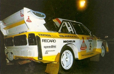 Stig Blomqvist - Björn Cederberg
5º Marlboro Rally Argentina 1985. Audi Sport Quattro S1 E2 (652 Z-943). Abandonó por motor en SS8 Charbonier de 61.25 Km.

Del 30 de Julio al 3 de Agosto, Buenos Aires - Cordoba, Argentina.
Superficie: tierra.

El Rally tenia un total de 2616.00 km de los que 956.71 km divididos en 23 tramos eran especiales.

Tomaron la salida 138 equipos, finalizaron 39.@
Palabras clave: Stig_Blomqvist;Audi;Sport;Quattro;Grupo_B;Argentina;1985;Debut
