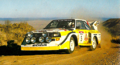 Stig Blomqvist - Björn Cederberg
5º Marlboro Rally Argentina 1985. Audi Sport Quattro S1 E2 (652 Z-943). Abandonó por motor en SS8 Charbonier de 61.25 Km.

Del 30 de Julio al 3 de Agosto, Buenos Aires - Cordoba, Argentina.
Superficie: tierra.

El Rally tenia un total de 2616.00 km de los que 956.71 km divididos en 23 tramos eran especiales.

Tomaron la salida 138 equipos, finalizaron 39.@
Palabras clave: Stig_Blomqvist;Audi;Sport;Quattro;Grupo_B;Argentina;1985;Debut