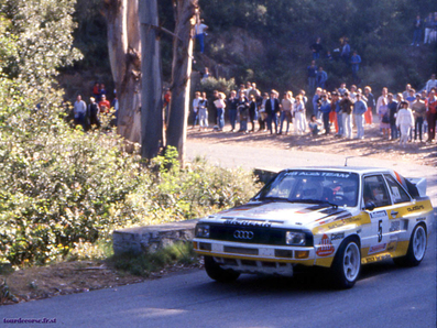 Walter Röhrl - Christian Geistdörfer
29º Tour de Corse - Rallye de France 1985. Audi Sport Quattro S1 (IN-NT 61). Abandonó por los frenos en SS1 Verghia - Pont de la Masina de 38,09 Km.

Del 2 al 4 de Mayo, Ajaccio, Córcega, Francia.
Superficie: asfalto.

El Rally tenia un total de 1603.00 km de los que 1122.25 km divididos en 30 tramos eran especiales, (1 de ellos fue cancelado, SS5 Sartene - Zonza de 44.23 km, por el fatal accidente en el tramo anterior de Attilio Bettega).

Tomaron la salida 139 equipos, finalizaron 45.@
Palabras clave: Walter_Röhrl;Audi;Sport;Quattro;Grupo_B;Corcega;1985;Corse