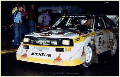 Hannu Mikkola - Arne Hertz
35º 1000 Lakes Rally 1985. Audi Sport Quattro S1 E2 (IN-NL 16). Abandonó por fuga de aceite en SS31 Kostila de 6.29 km.

Del 23 al 25 de Agosto, Jyväskylä, Finlandia.
Superficie: tierra.

El Rally tenía un total de 1418.00 km de los que 479.00 km divididos en 50 tramos eran especiales (1 de ellos fue cancelado SS10 Vaheri).

Se inscribieron 188 equipos, tomaron la salida 175, finalizaron 83.@
Palabras clave: Audi;Grupo_B;Finlandia;1985;Sport;Quattro;S1;E2