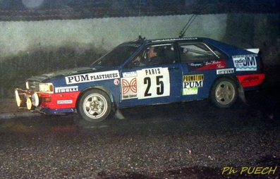 Pierre Bos - Jean-Claude Leuvrey
53º Rallye Automobile de Monte-Carlo 1985. Audi Quattro A1 (111 SQ 54). Abandonó por pérdida de rueda.

Del 26 de Enero al 1 de Febrero, Monte-Carlo.
Superficie: asfalto -nieve.

El Rally tenía un total de 3999.00 km de los que 851.10 km divididos en 34 tramos eran especiales (1 de ellos fue cancelado SS17).

Tomaron la salida 117 equipos, finalizaron 68.@
Palabras clave: Audi;Quattro;Grupo_B;Montecarlo;1985