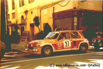Didier Auriol - Bernard Occelli
29º Tour de Corse - Rallye de France 1985. Renault 5 Maxiturbo (21 RG 28). Abandonó por problemas eléctricos en SS9 Campo al Quarcio - Pont de Noceta de 33,77 Km.

Del 2 al 4 de Mayo, Ajaccio, Córcega, Francia.
Superficie: asfalto.

El Rally tenia un total de 1603.00 km de los que 1122.25 km divididos en 30 tramos eran especiales (1 de ellos fue cancelado, SS5 Sartene - Zonza de 44.23 km, por el fatal accidente de Attilio Bettega en el tramo anterior, SS4 Zerubia - Santa Giulia de 30.60 km).

Tomaron la salida 139 equipos, finalizaron 45.@
Palabras clave: Didier_Auriol;Renault;Maxiturbo;Grupo_B;Corcega;1985;Corse