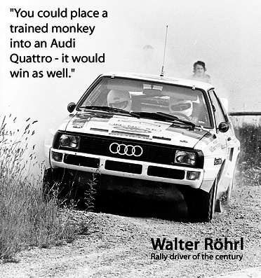 Walter Röhrl
"Usted podría poner un mono entrenado en un Audi Quattro... también iba a ganar..." 

Piloto Rally del siglo
Palabras clave: Walter_Röhrl;1985;Audi;Quattro